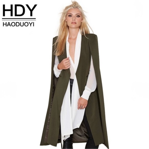 *HAODUOYI Long Olive Green Cape Blazer Jacket Cloak Size 12 New - Picture 1 of 10